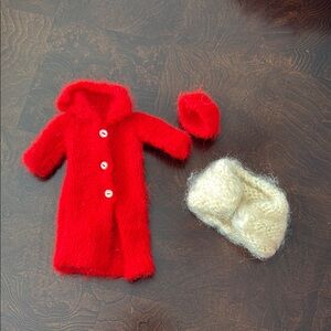 Charming Red Knit Sweater Jacket and Cream Stole for Barbie (Vintage 1960’s)